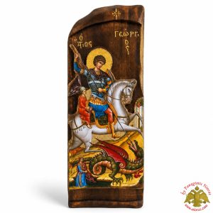 Antique Style Saint George Icon in Rectangular Shape on Natural Wood