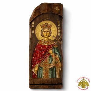 Antique Style Saint Helen Icon in Rectangular Shape on Natural Wood