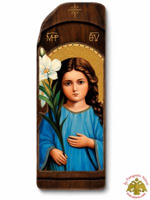 Antique Style Theotokos Three Years Old in Rectangular Shape on Natural Wood
