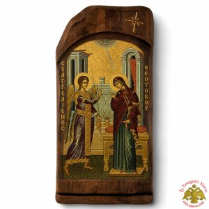 Antique Style Theotokos Annunciation in Rectangular Shape on Natural Wood