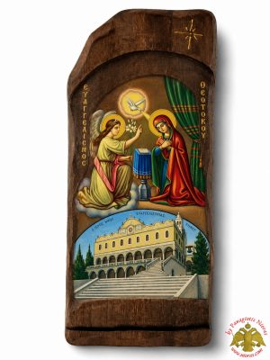 Antique Style Theotokos Annunciation With Tinos Church in Rectangular Shape on Natural Wood