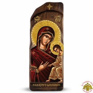 Antique Style Holy Virgin Mary Icon Theotokos Full of Grace in Rectangular Shape on Natural Wood