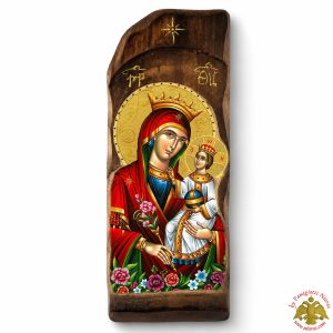 Antique Style Holy Virgin Mary Icon The Unfading Rose in Rectangular Shape on Natural Wood