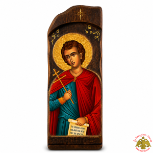 Saint John the Russian Antique Wooden Icon in Natural Carved Shape Wood