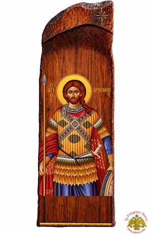 Antique Holy Saint Artemios Icon in Carved Shape Natural Wood