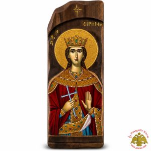 Antique Holy Saint Eirini Icon in Carved Shape Natural Wood