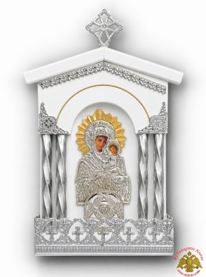 Traditional Orthodox Iconostasis with Electric Lamp White Coloured Theotokos Icon 13x22cm