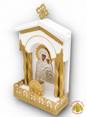 Traditional Orthodox Iconostasis with Electric Lamp White Colored Theotokos Icon 13x22cm