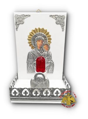 Traditional Orthodox Theotokos Icon with Electric Lamp Rectangular White Colored