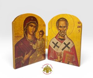 Orthodox Wooden Diptych Icon Theotokos Saint Nicholas 10cm x 7cm