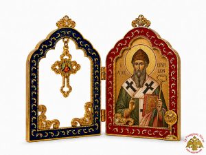 Enamel Metal Diptych with Holy Orthodox Icon Saint Spyridon