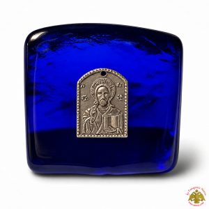 Jesus Christ Metal Icon on Standing Press Papier Blue Glass 6.5x7.5cm