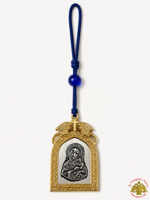 Orthodox Metal Theotokos Icon in Blue Hanging Cord