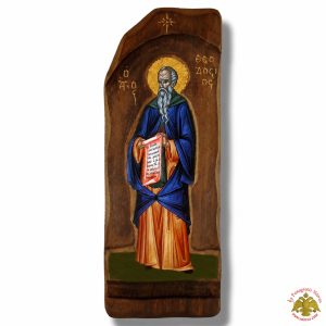 Antique Holy Icon Saint Theodosios in Carved Shape Natural Wood
