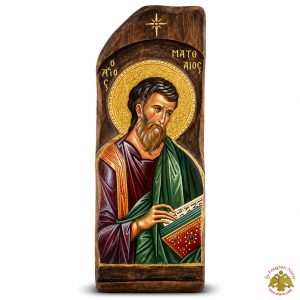Antique Holy Icon Apostle Mathew in Carved Shape Natural Wood