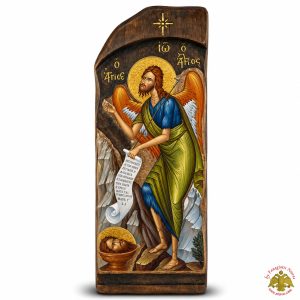 Antique Holy Saint John the Forerunner Icon in Carved Shape Natural Wood