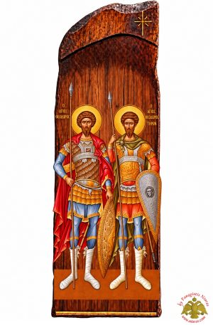 Antique Holy Icon Saints Theodore in Carved Shape Natural Wood