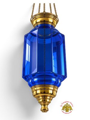 Traditional Hanging Vigil Oil Candle Hexagon Blue Glass with Metal Counter Weight Mechanism