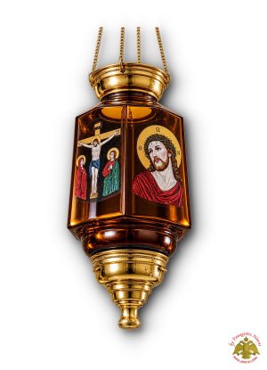 Traditional Hanging Vigil Oil Candle with Holy Images Decorated Amber Glass with Metal Counter Weight Mechanism